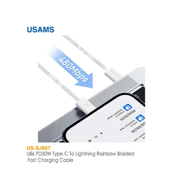 کابل فست شارژ 30 وات تایپ C به لایتنینگ یوسمز US-SJ657