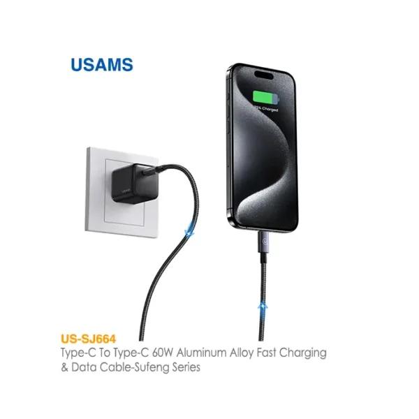 کابل فست شارژ 60 وات Type-C به Type-C یوسمز US-SJ664